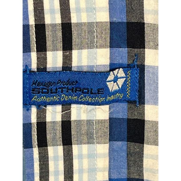 South Pole Hexagon Mens Shirt Button Up Short Sleeve Blue‎ Plaid 100% Cotton XL - Picture 4 of 10